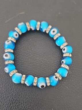 Blue Evil Eye Stretch Bracelet with Rhinestone Spacers